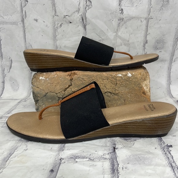 Andre Assous Nice Featherweights Sandal Brown Leather Black Stretch Stacked Heel - Picture 9 of 11